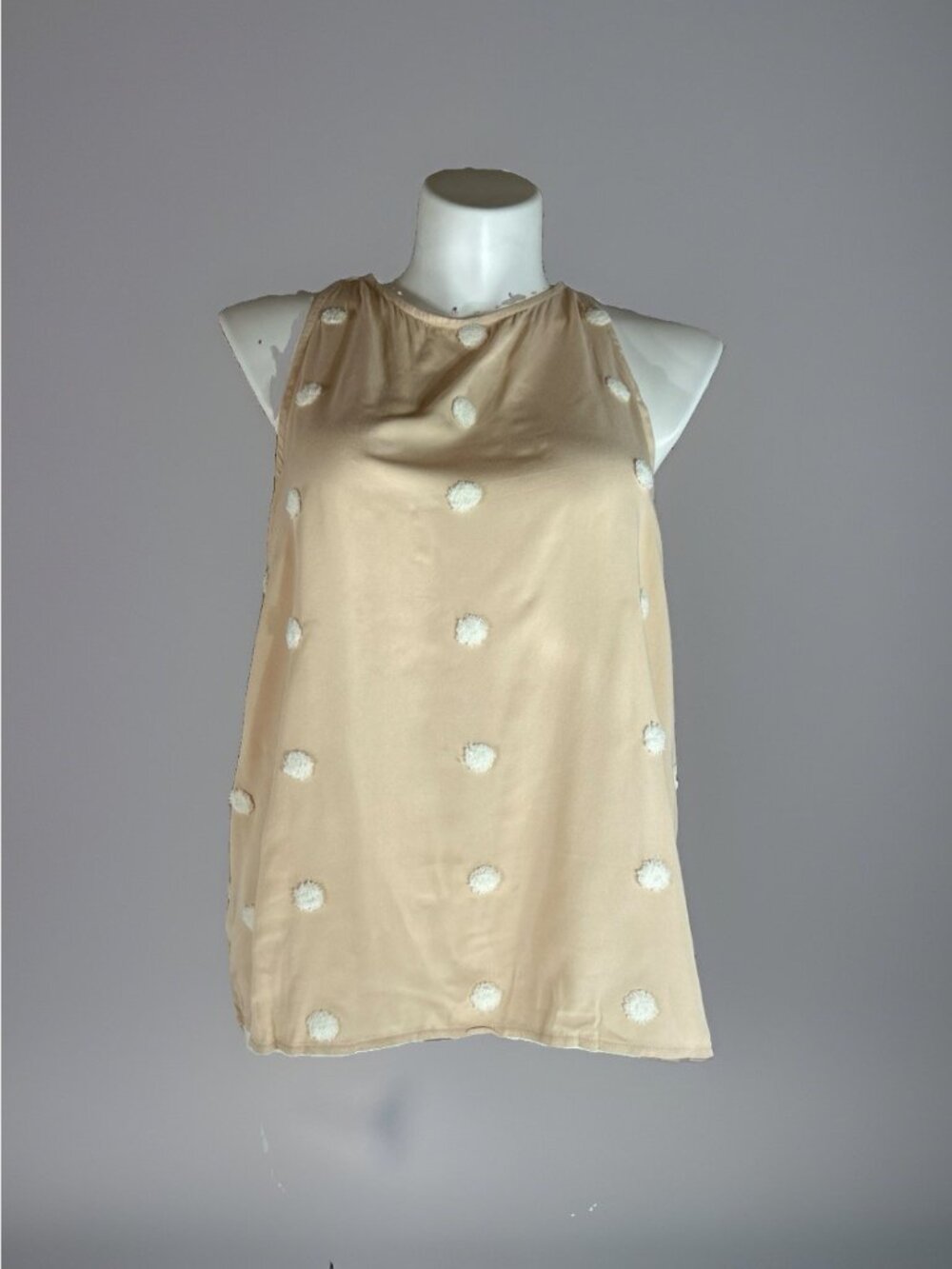 ePretty Chicago Sleeveless Blouse Womens XL Light pink W/ white fluff polka Dots